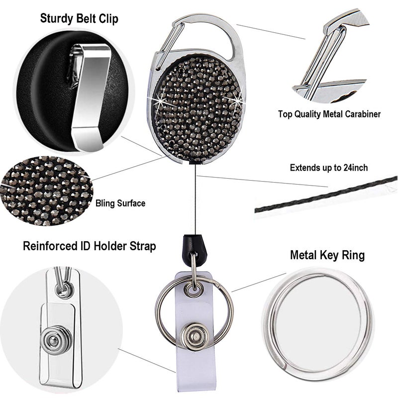WedFeir Retractable Badge Holders with Rhinestones Crystal, Badge Reel with Belt Clip and Key Ring, 24 inches Thick Kevlar Pull Cord. (4pcs- Silver, Black, Pink and Purple) - Image 4